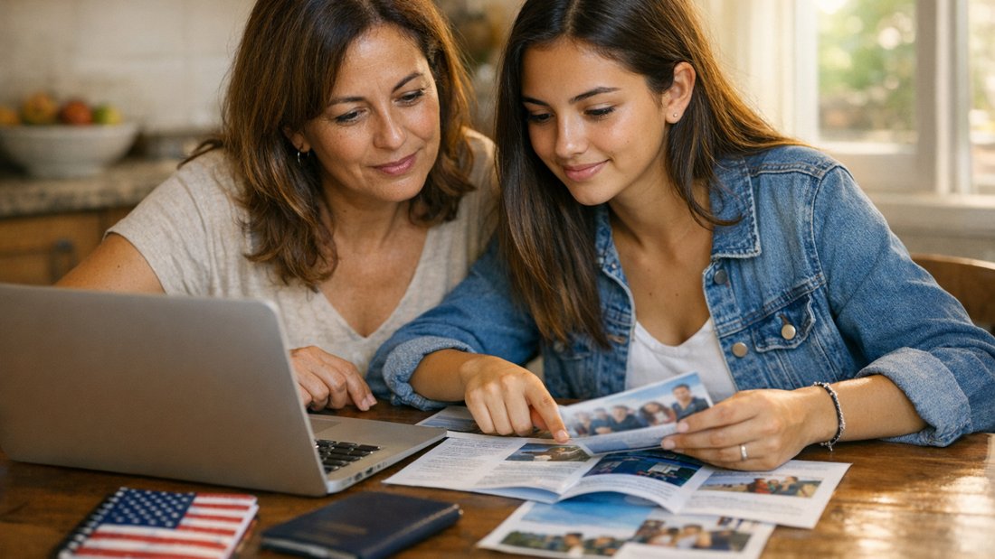Madre e hija comparando agencia de intercambio fiable